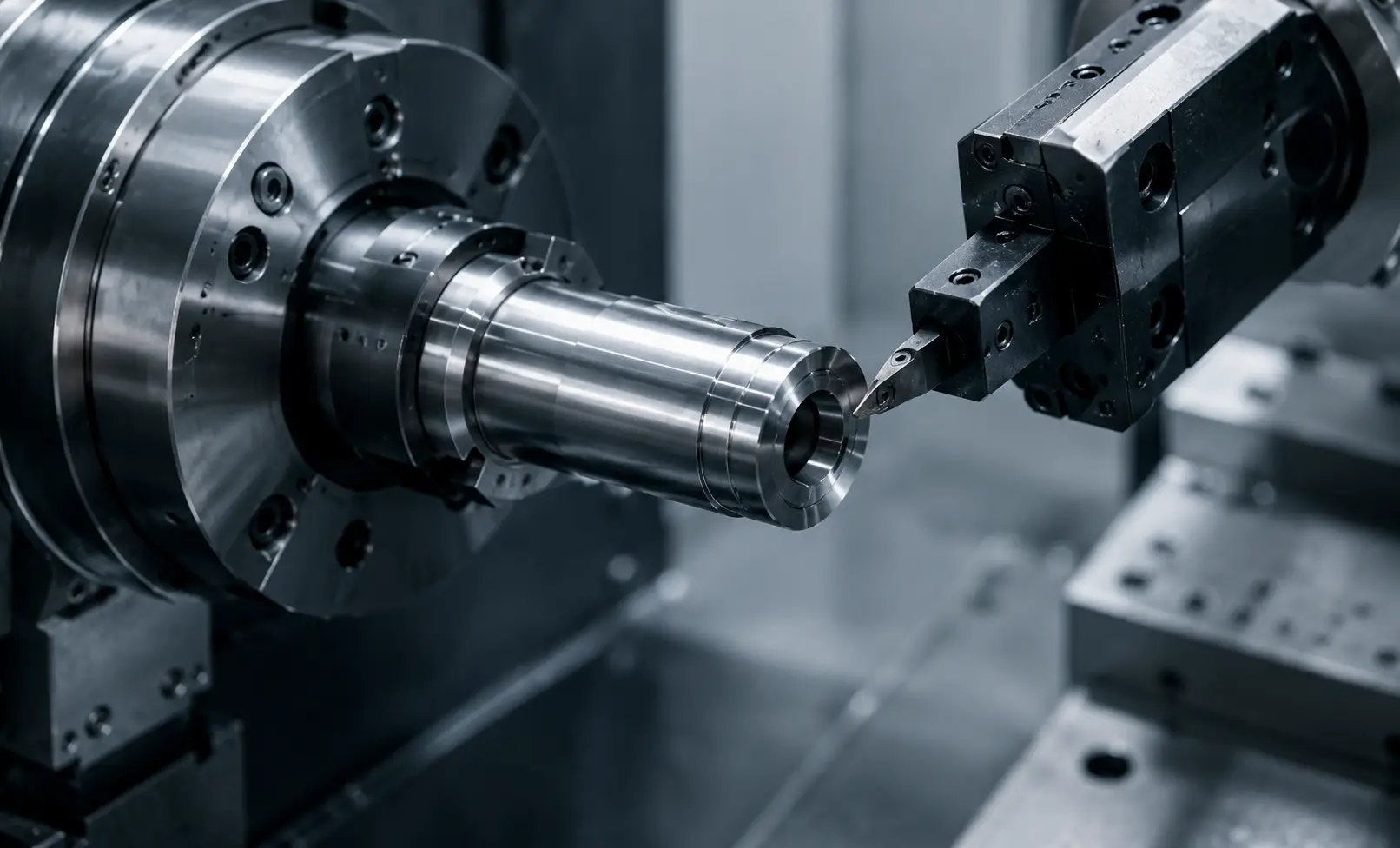 CNC lathe turning a cylindrical metal shaft