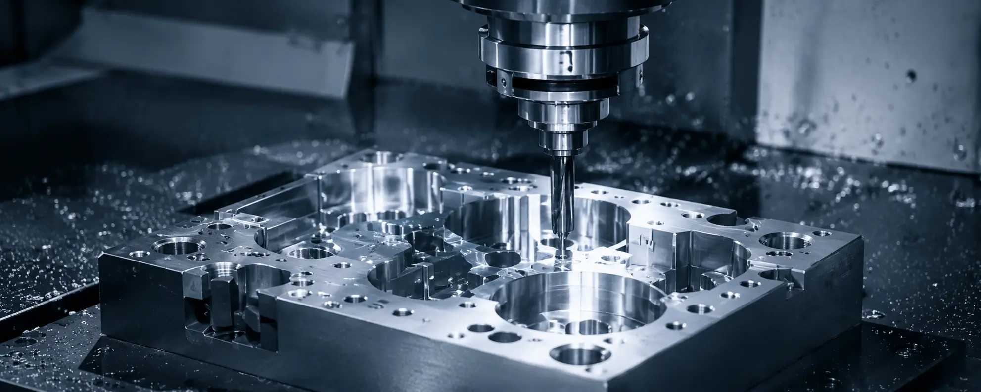 CNC milling machine cutting a metal block