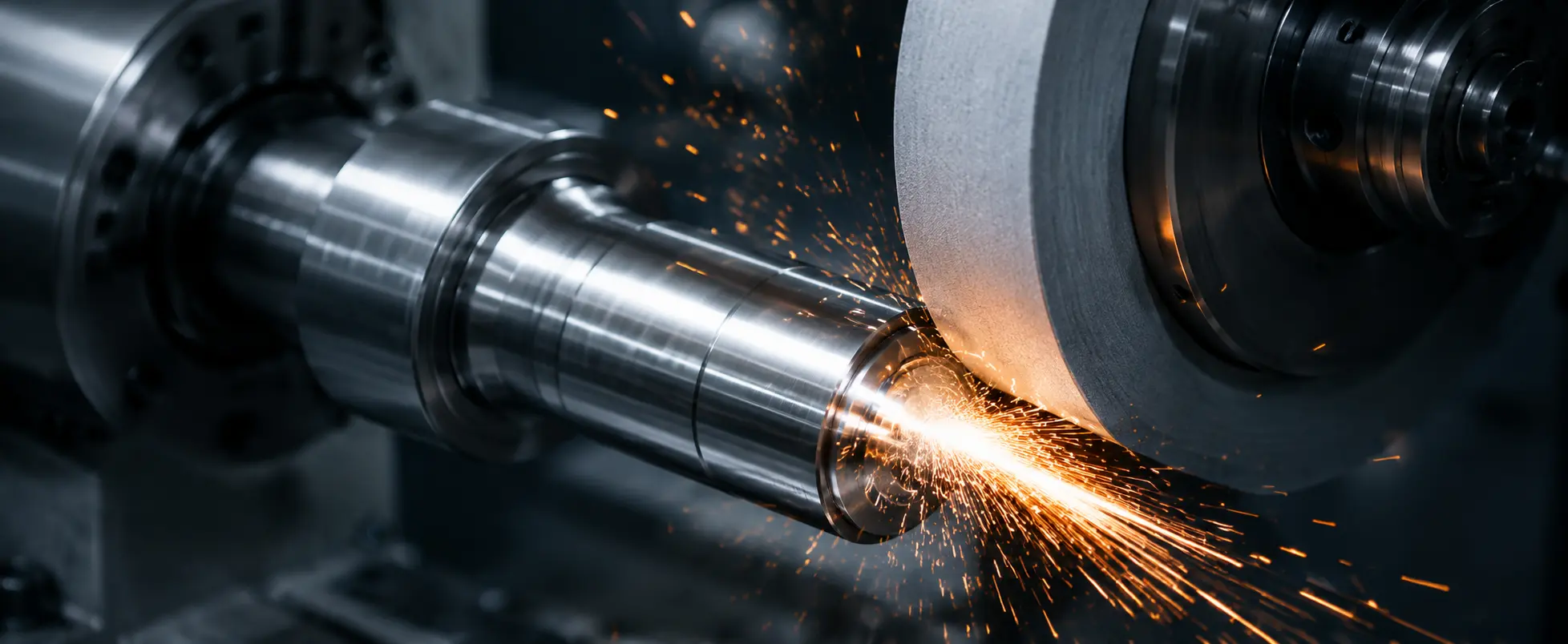 Grinding wheel finishing a metal shaft