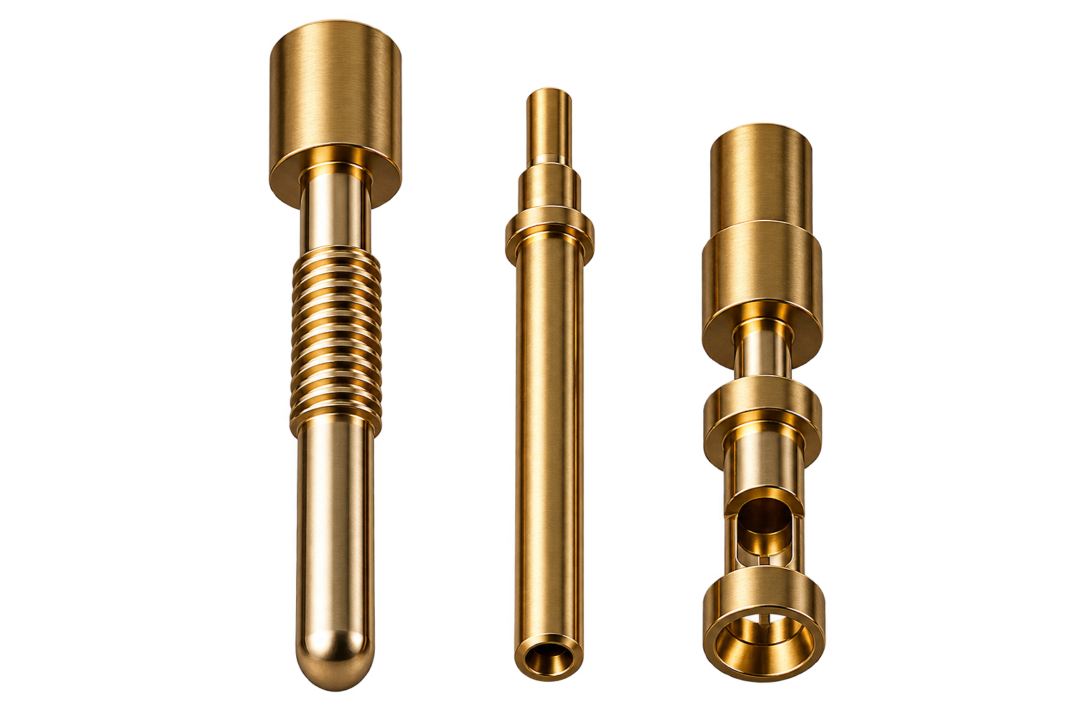 Machined brass industrial components on a manufacturing work surface
